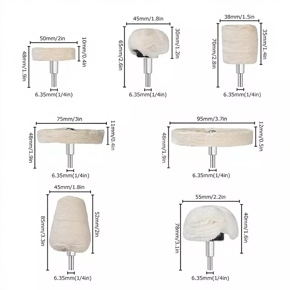 Jawsons Polishing & Buffing Wheel Kit Multi-Shape Premium Cotton Flannel 6 mm Shank Compatible (Set of 7 Pcs)