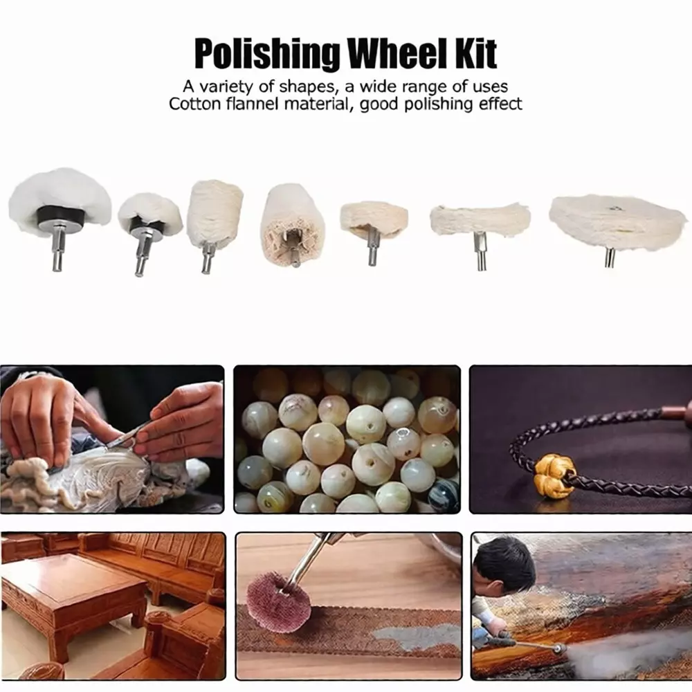 Jawsons Polishing & Buffing Wheel Kit Multi-Shape Premium Cotton Flannel 6 mm Shank Compatible (Set of 7 Pcs)