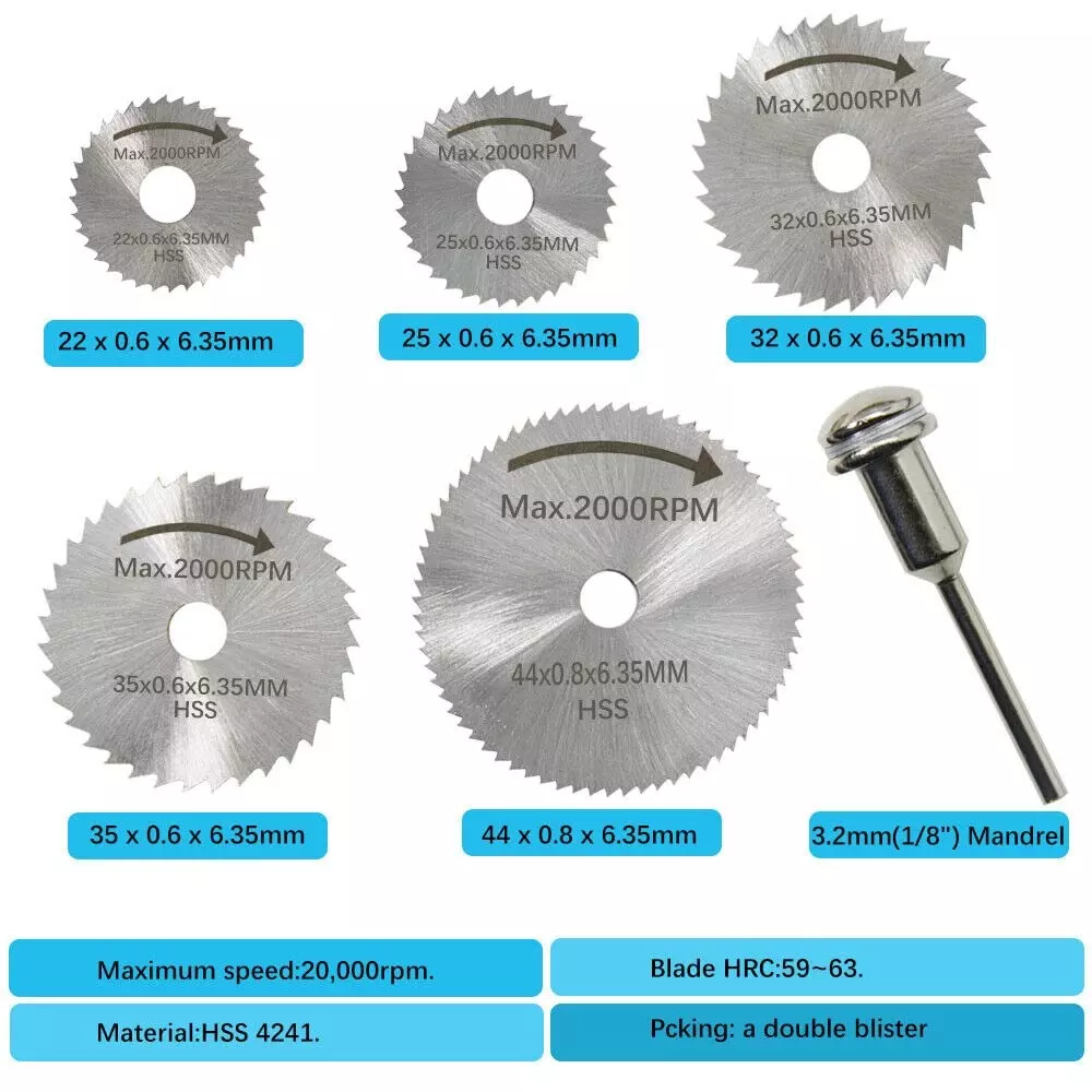 GENERIC 5 Pcs HSS Mini Circular Saw Blade Set with 3 mm Shank for Wood, Plastic, PVC, Aluminum, Copper & Thin Metal Sheets