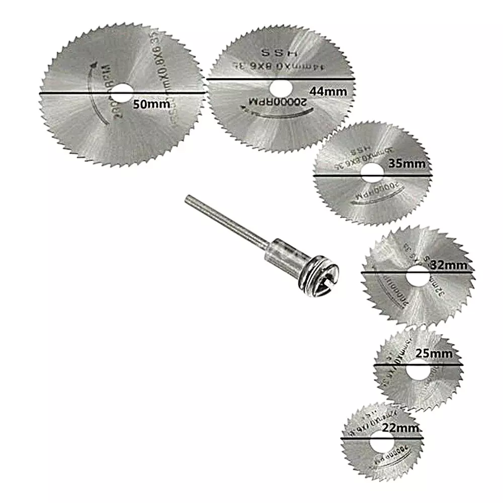 Tools Shop HSS Circular Cutter Cutting Saw Blade Discs Mandrel for Dremel Rotary Tool 6.35 mm Hole Diameter (Set of 7)