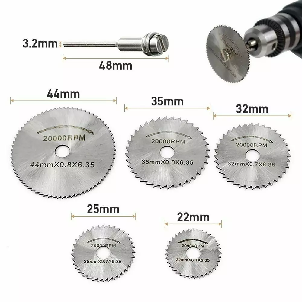 GENERIC 6 Pcs HSS Circular Saw Blade Set for Metal with 3 mm Shank 22 to 44 mm Diameter and Max Speed 20,000 RPM)