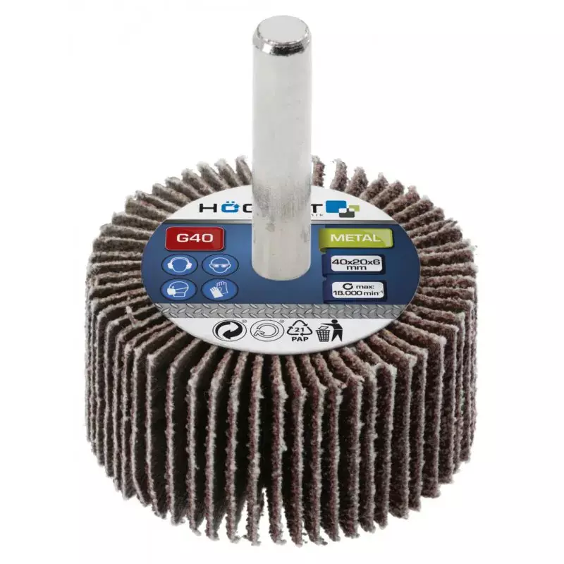 Hogert Technik Flap Wheel with 6 mm Dia. Round Shank, 40x20x6 mm Size and G150 Grit, HT8D006