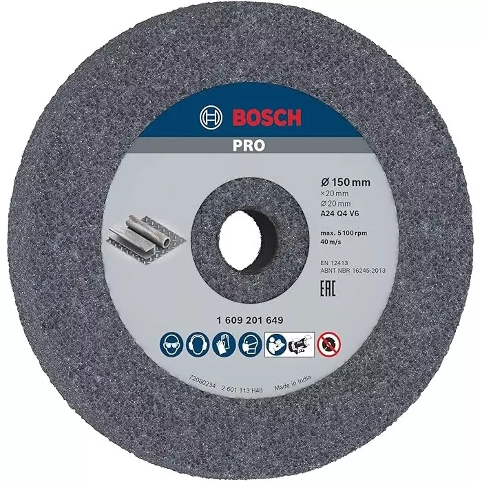 Bosch Aluminium Oxide Bench Grinding Wheel 6 inch (150 mm) Diameter x 20 mm Bore Size x 20 mm Thickness and 24 Grit, 1609201649