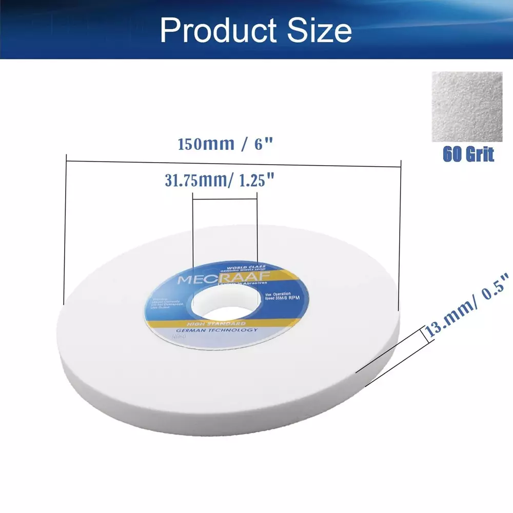 MECRAAF Bench Grinding Wheel Aluminum Oxide 150 mm (6 inch) Diameter 31.75 mm (1.25 inch) Bore Size 60 Grit, White