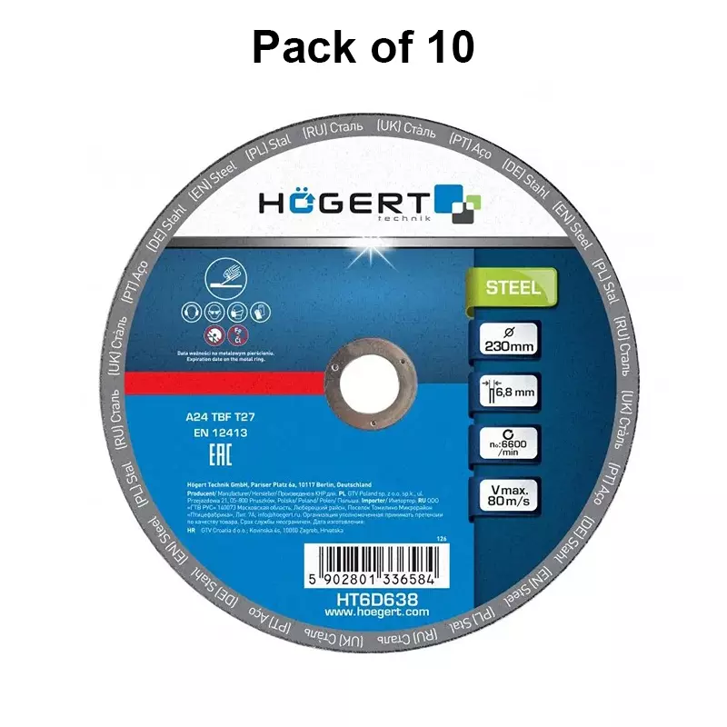 hogert-technik-grinding-wheel-corundum-aluminium-oxide-230-mm-diameter-x-2223-mm-bore-size-ht6d638-pack-of-10