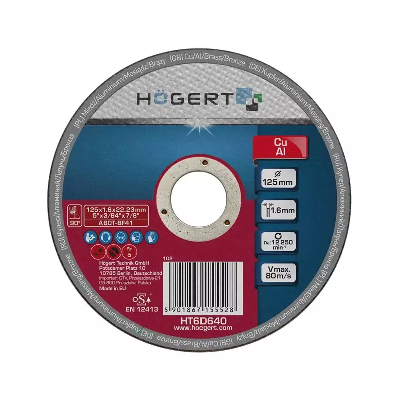 Hogert Technik Grinding Wheel Corundum Aluminium Oxide 125 mm Diameter x 22.23 mm Bore Size, HT6D640