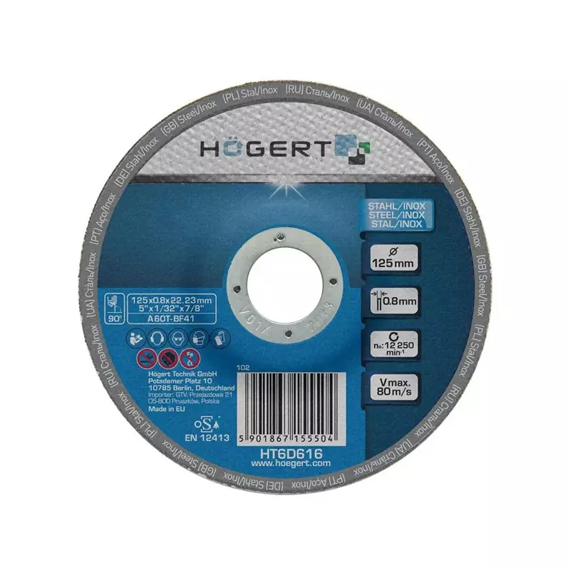 Hogert Technik Grinding Wheel Corundum Aluminium Oxide 125 mm Diameter x 22.23 mm Bore Size, HT6D616
