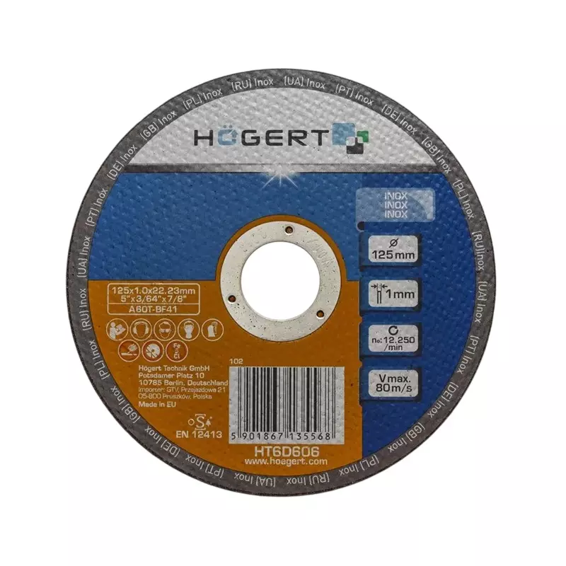 Hogert Technik Grinding Wheel Corundum Aluminium Oxide 125 mm Diameter x 22.23 mm Bore Size, HT6D606