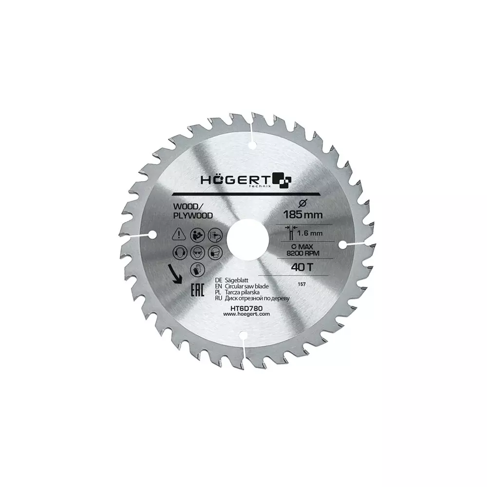 Hogert Technik TCT Saw Blade Alloy Steel 185 mm Diameter x 30 mm Bore Size x 1.6 mm Thickness x 40 Teeth, HT6D780