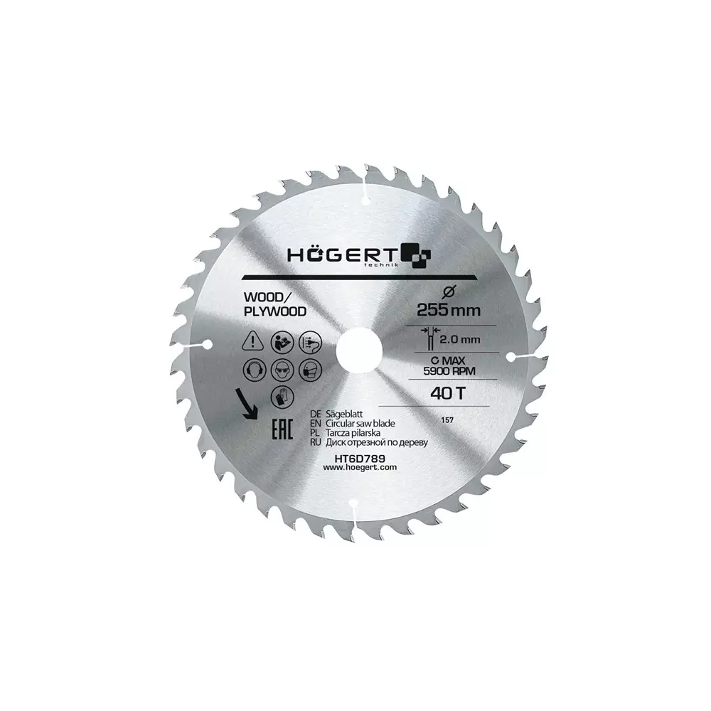 Hogert Technik TCT Saw Blade Alloy Steel 255 m Diameter x 30 mm Bore Size x 2.0 mm Thickness x 40 Teeth, HT6D789