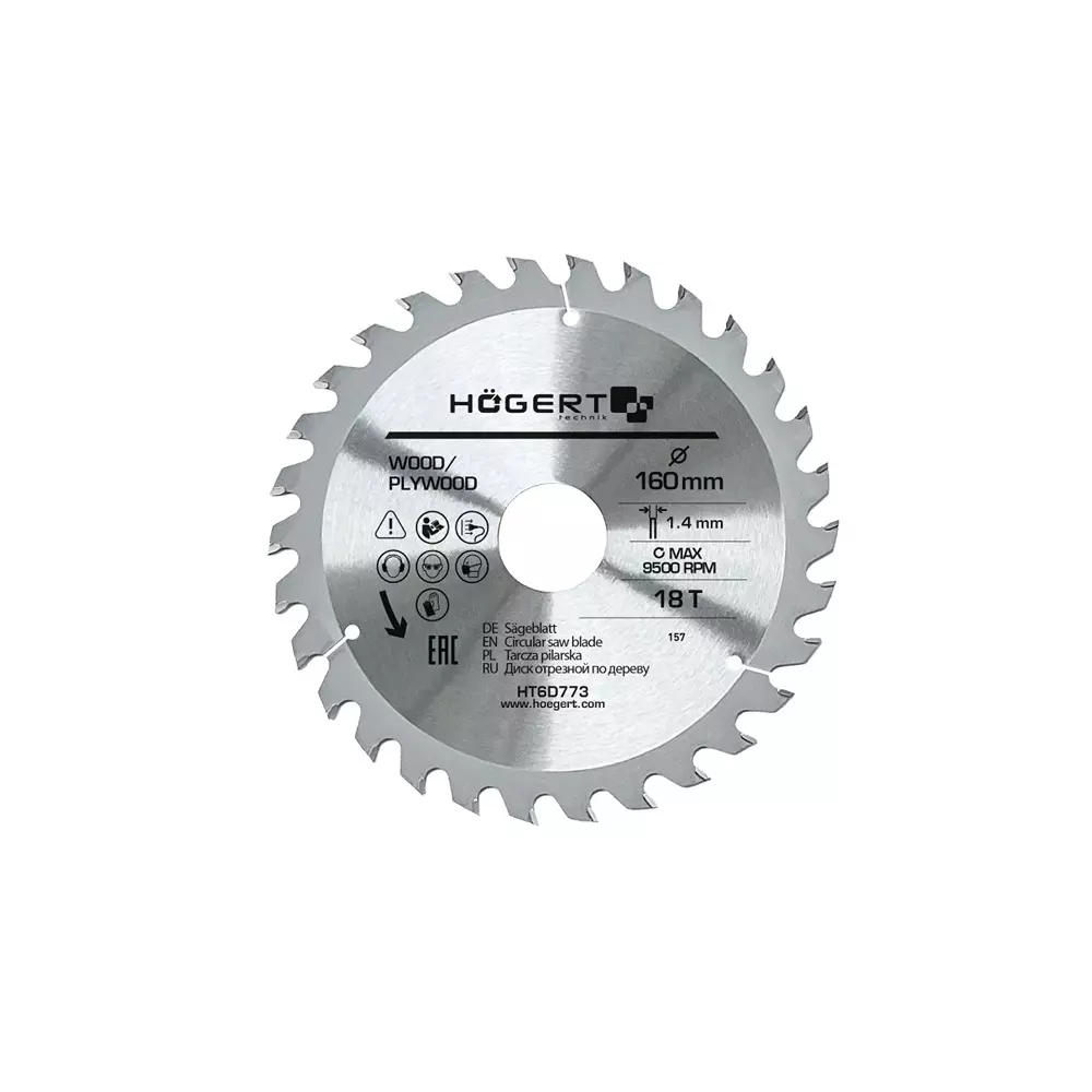 Hogert Technik TCT Saw Blade Alloy Steel 160 mm Diameter x 30 mm Bore Size x 1.4 mm Thickness x 18 Teeth, HT6D773