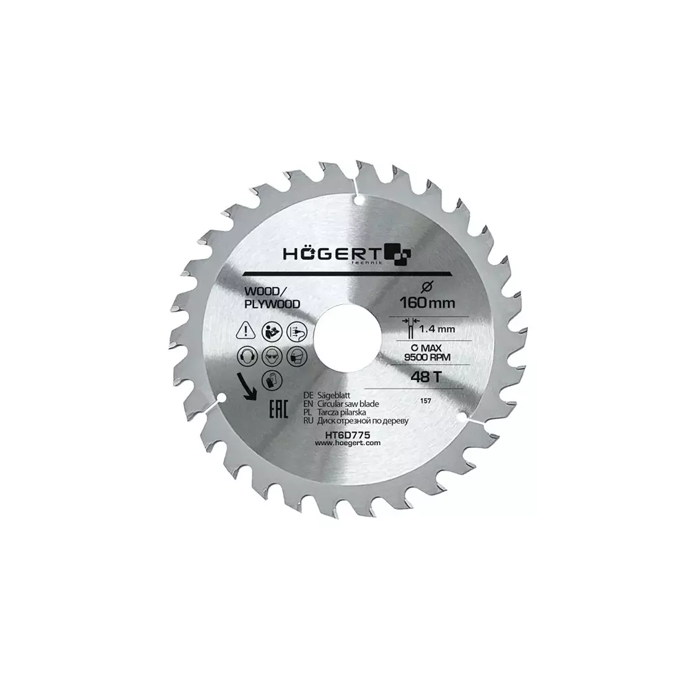 Hogert Technik TCT Saw Blade Alloy Steel 160 mm Diameter x 30 mm Bore Size x 1.4 mm Thickness x 48 Teeth, HT6D775