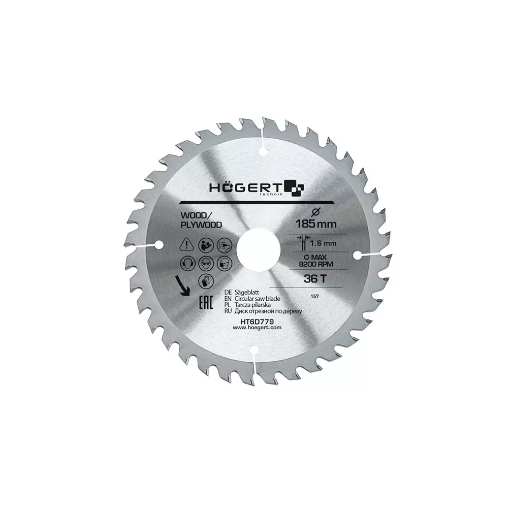 Hogert Technik TCT Saw Blade Alloy Steel 185 mm Diameter x 30 mm Bore Size x 1.6 mm Thickness x 36 Teeth, HT6D779