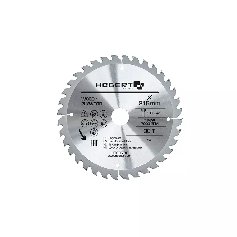 Hogert Technik TCT Saw Blade Alloy Steel 216 mm Diameter x 30 mm Bore Size x 1.6 mm Thickness x 36 Teeth, HT6D786