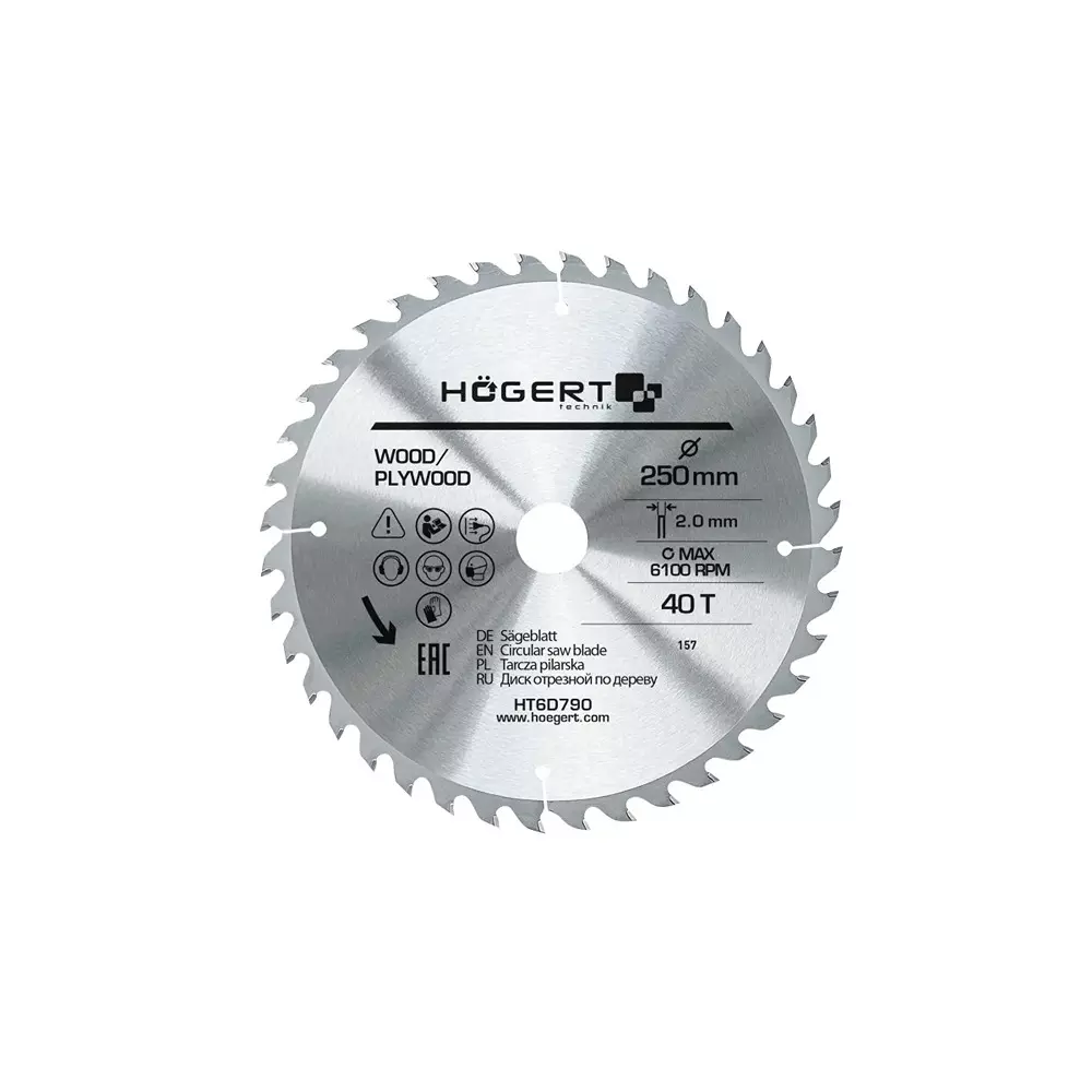 Hogert Technik TCT Saw Blade Alloy Steel 250 mm Diameter x 30 mm Bore Size x 2.0 mm Thickness x 40 Teeth, HT6D790