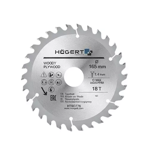 Hogert Technik TCT Saw Blade Alloy Steel 165 mm Diameter x 30 mm Bore Size x 1.4 mm Thickness x 18 Teeth, HT6D776