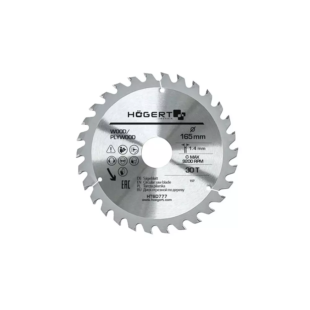 Hogert Technik TCT Saw Blade Alloy Steel 165 mm Diameter x 30 mm Bore Size x 1.4 mm Thickness x 30 Teeth, HT6D777