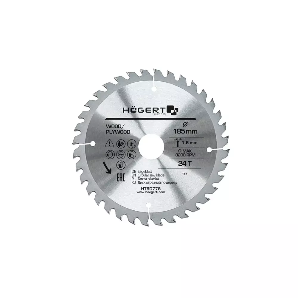 Hogert Technik TCT Saw Blade Alloy Steel 185 mm Diameter x 30 mm Bore Size x 1.6 mm Thickness x 24 Teeth, HT6D778