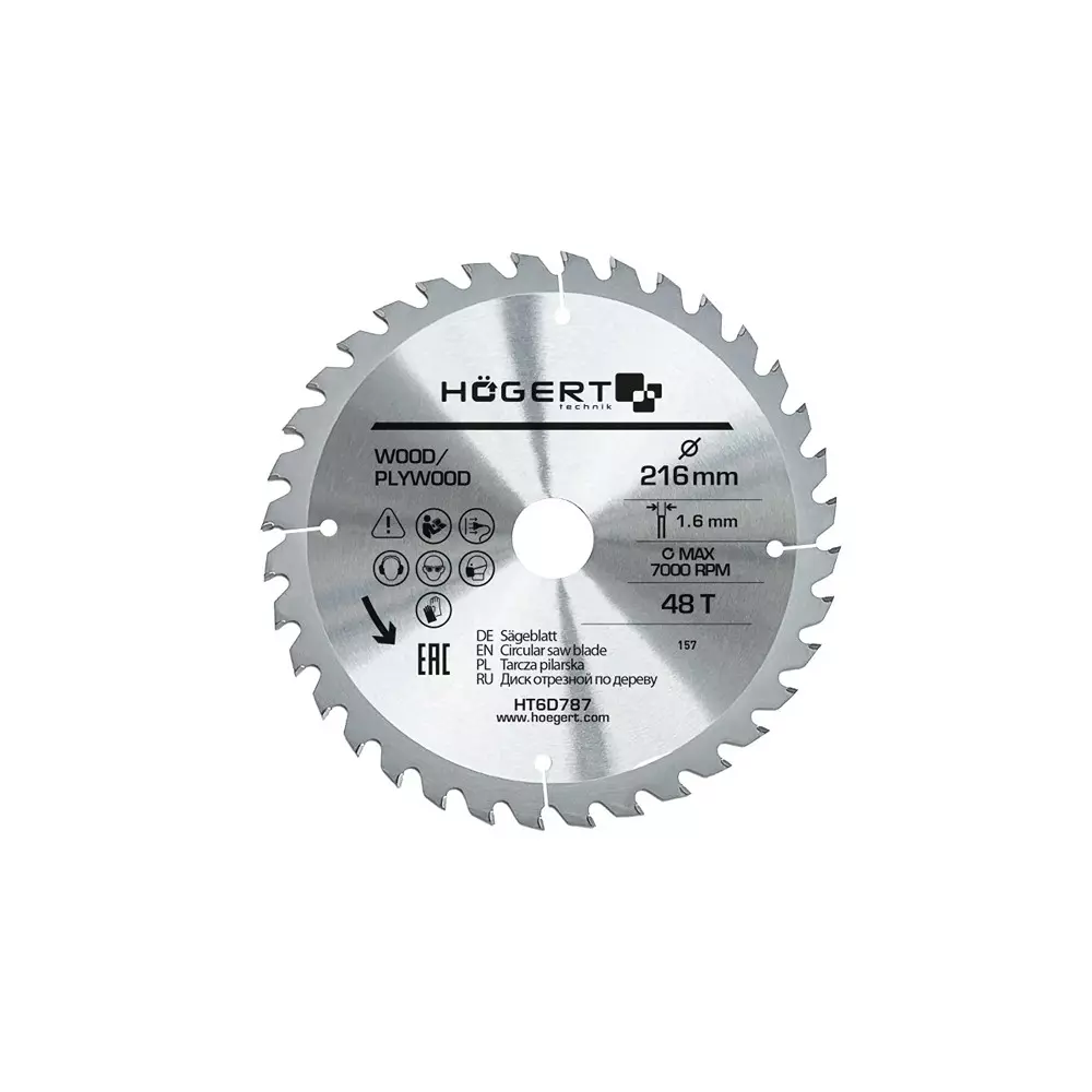 Hogert Technik TCT Saw Blade Alloy Steel 216 mm Diameter x 30 mm Bore Size x 1.6 mm Thickness x 48 Teeth, HT6D787