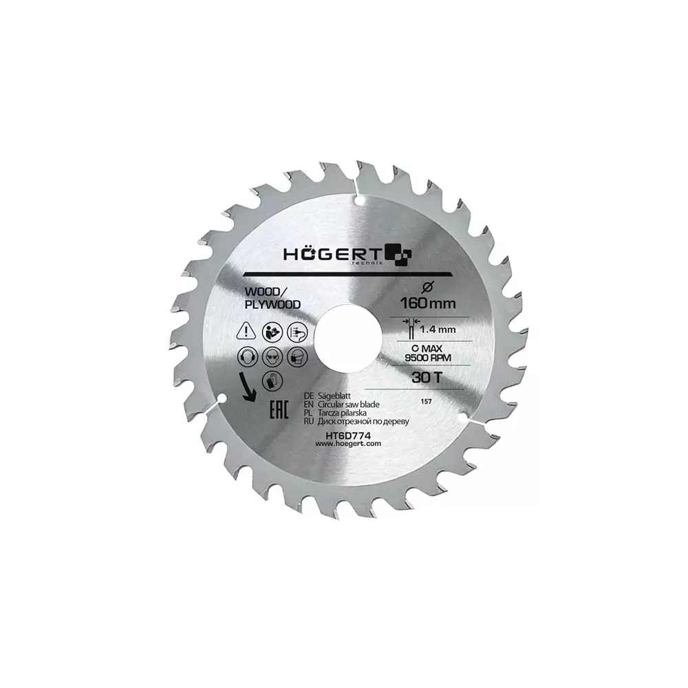 Hogert Technik TCT Saw Blade Alloy Steel 160 mm Diameter x 30 mm Bore Size x 1.4 mm Thickness x 30 Teeth, HT6D774