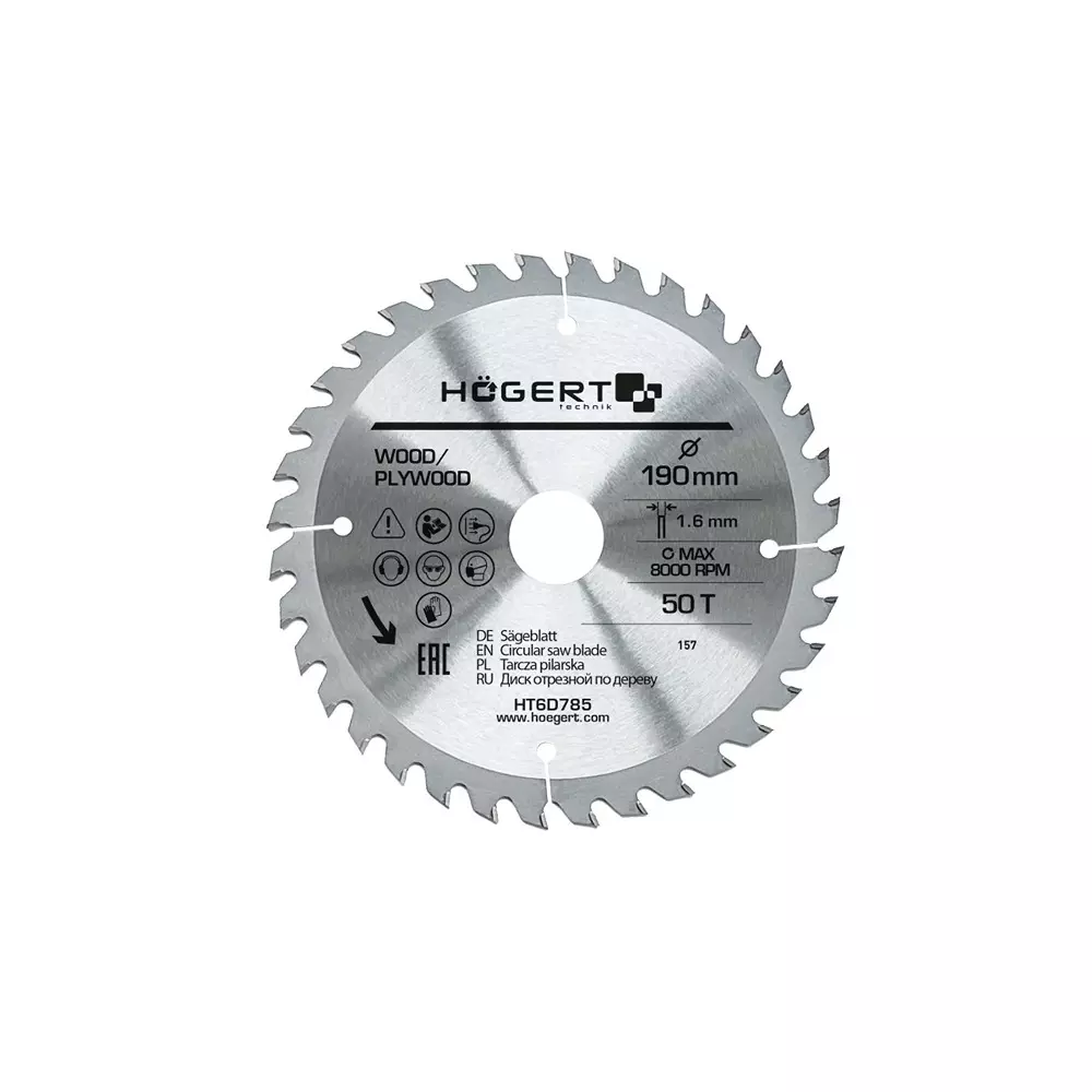 Hogert Technik TCT Saw Blade Alloy Steel 190 mm Diameter x 30 mm Bore Size x 1.6 mm Thickness x 50 Teeth, HT6D785