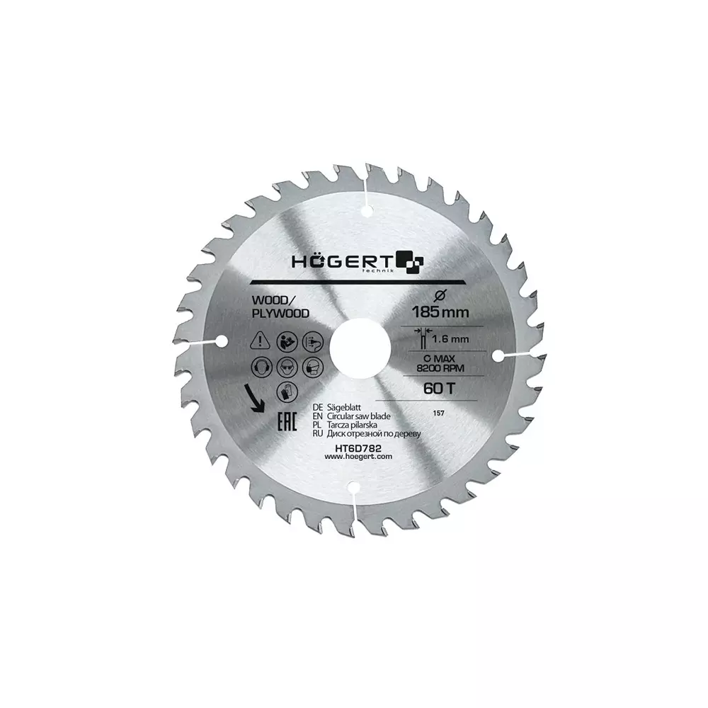 Hogert Technik TCT Saw Blade Alloy Steel 185 mm Diameter x 30 mm Bore Size x 1.6 mm Thickness x 60 Teeth, HT6D782