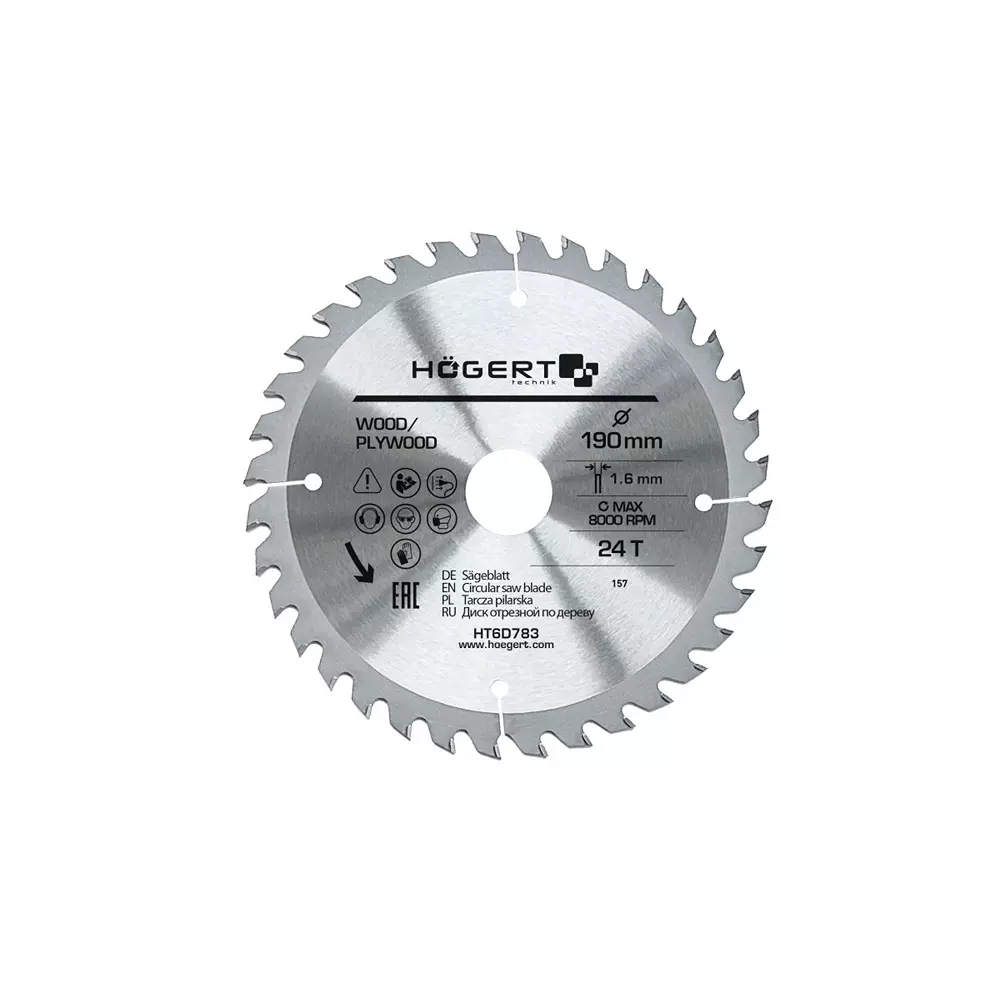 Hogert Technik TCT Saw Blade Alloy Steel 190 mm Diameter x 30 mm Bore Size x 1.6 mm Thickness x 24 Teeth, HT6D783