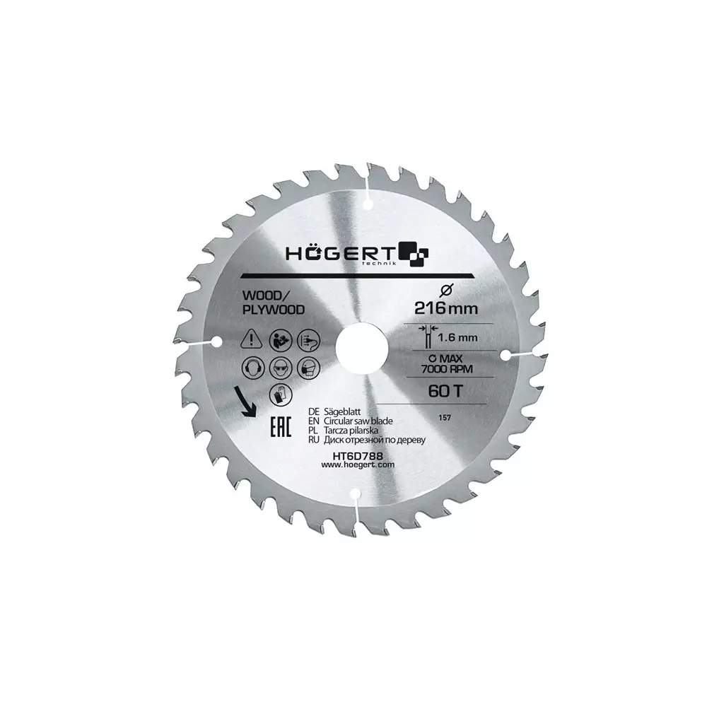 Hogert Technik TCT Saw Blade Alloy Steel 216 mm Diameter x 30 mm Bore Size x 1.6 mm Thickness x 60 Teeth, HT6D788