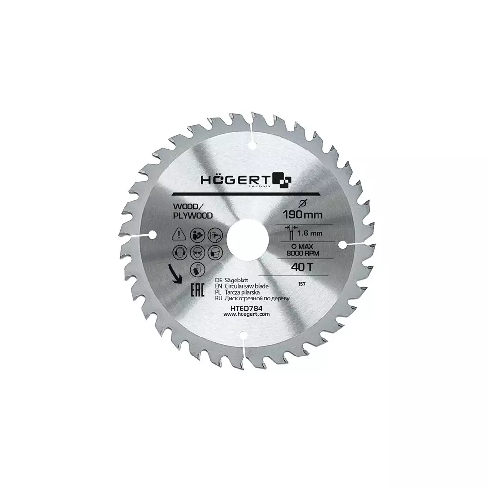 Hogert Technik TCT Saw Blade Alloy Steel 190 mm Diameter x 30 mm Bore Size x 1.6 mm Thickness x 40 Teeth, HT6D784