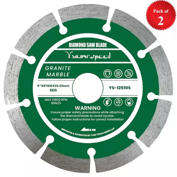 Yuri Speed Segment Marble Cutting Blade Diameter 5 inch (125 mm) x 22.23 mm Bore Size x 9 Teeth, YS-12510S (Pack of 2)