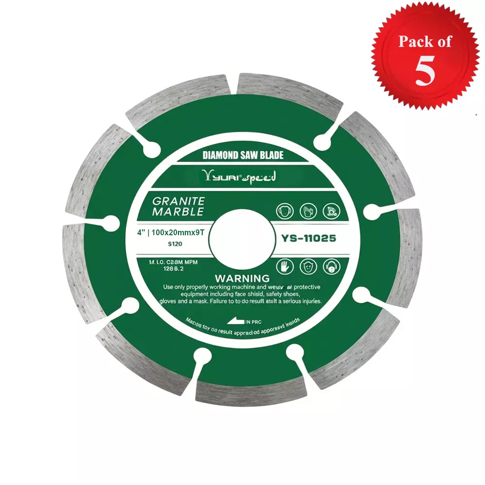 Yuri Speed Segment Marble Cutting Blade Diameter 4 inch (100 mm) x 20 mm Bore Size x 9 Teeth, YS-1108S (Pack of 5)