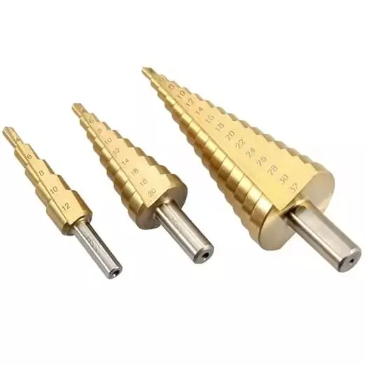 NUHARK 3 Pcs Step Drill Bit Set Titanium Nitride Finish Alloy Steel Body Straight Shank for Metal, Plastic, and Wood Drilling Applications, ‎Sds-3pc