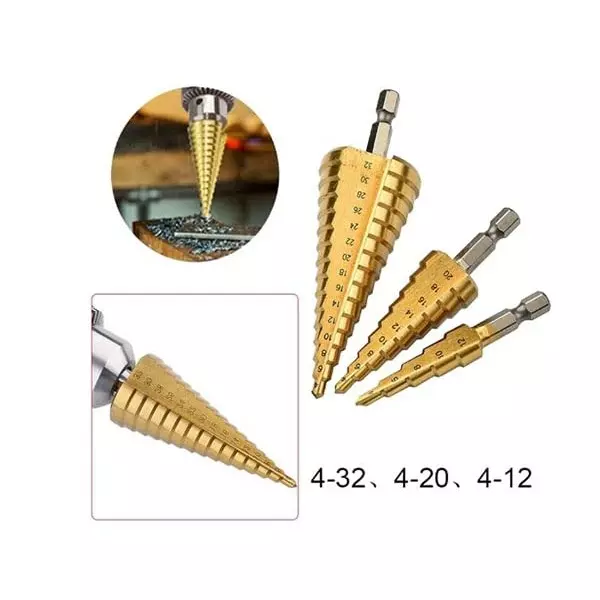 DY TOOLS Step Drill Bit High Speed Steel 2 Flutes Titanium Nitride Finish Type (Pack of 3)