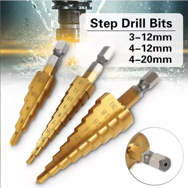 DY TOOLS Step Drill Bit High Speed Steel 2 Flutes Titanium Nitride Finish Type (Pack of 3)