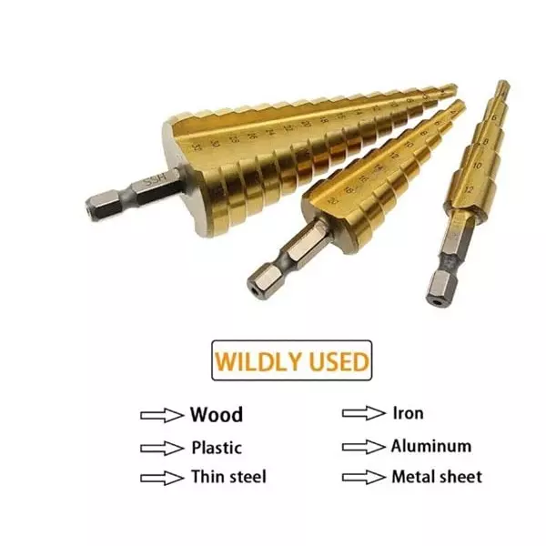 DY TOOLS Step Drill Bit High Speed Steel 2 Flutes Titanium Nitride Finish Type (Pack of 3)