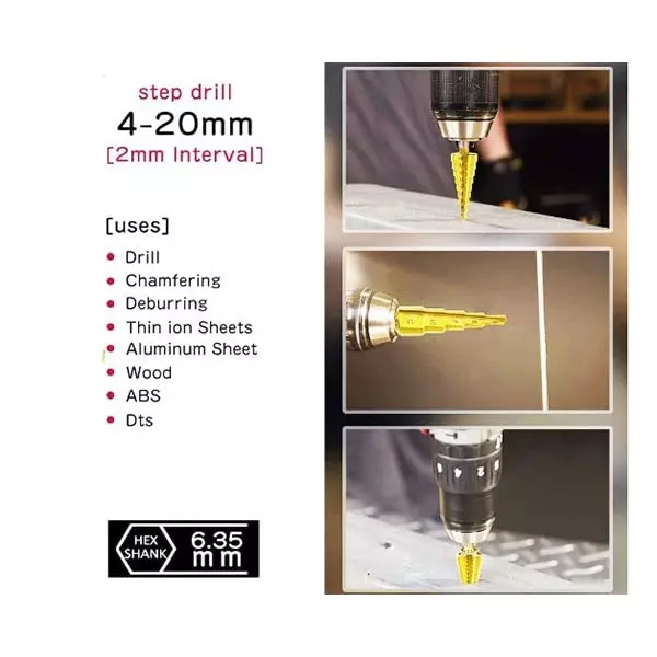 DY TOOLS Step Drill Bit High Speed Steel 2 Flutes Titanium Nitride Finish Type (Pack of 3)