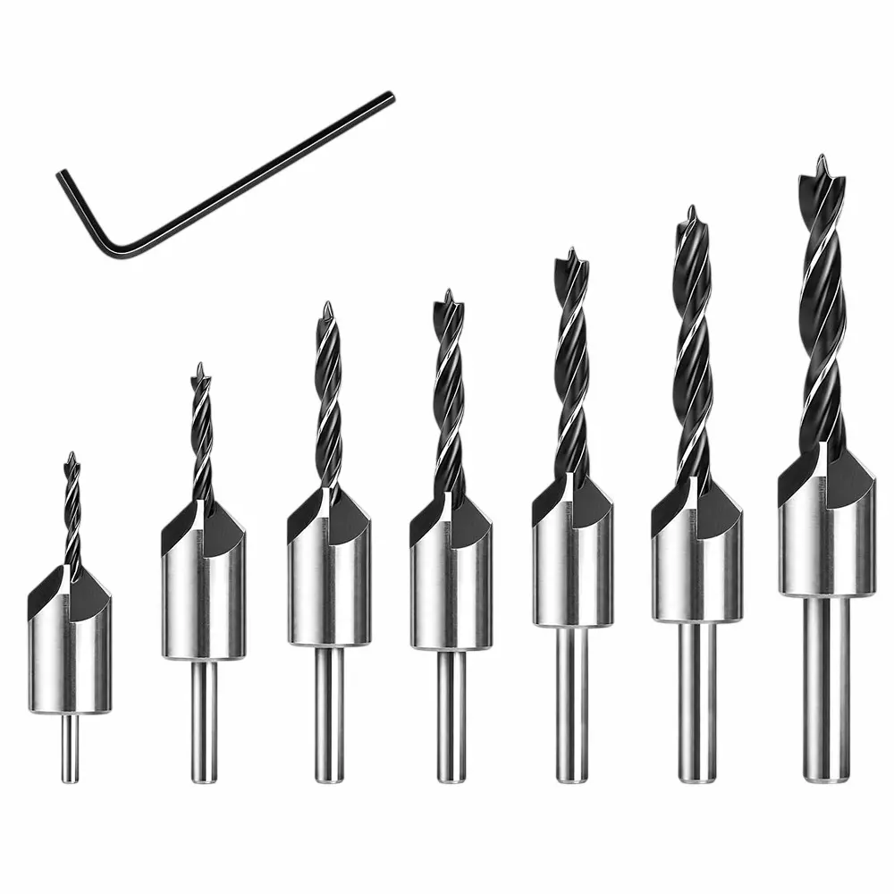 DY Tools Countersink Drill Bit Kit with Hex Key 7 Pcs (Drill Bit), 1 Pc - Hex Key Silver High Speed Steel 3, 4, 5, 6, 7, 8, 10 mm Size 5-Flute