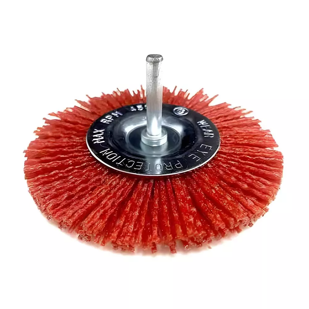 OAYKAY Nylon Bristles Wheel Brush 4 inch (100 mm) Diameter in Red and Silver Color for For Surface Finishing, 5013.16