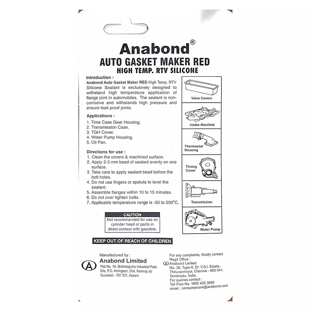 Anabond RTV Gasket Maker 85 g Tube Silicone Red Gel for Engine Assembly and Repairs
