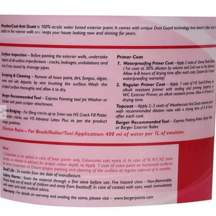 Berger Weathercoat Anti Dust 20 L White Exterior Emulsion, X50