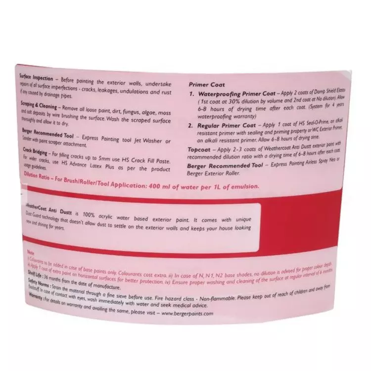 Berger Weathercoat Anti Dust 10 L White Exterior Emulsion, X50