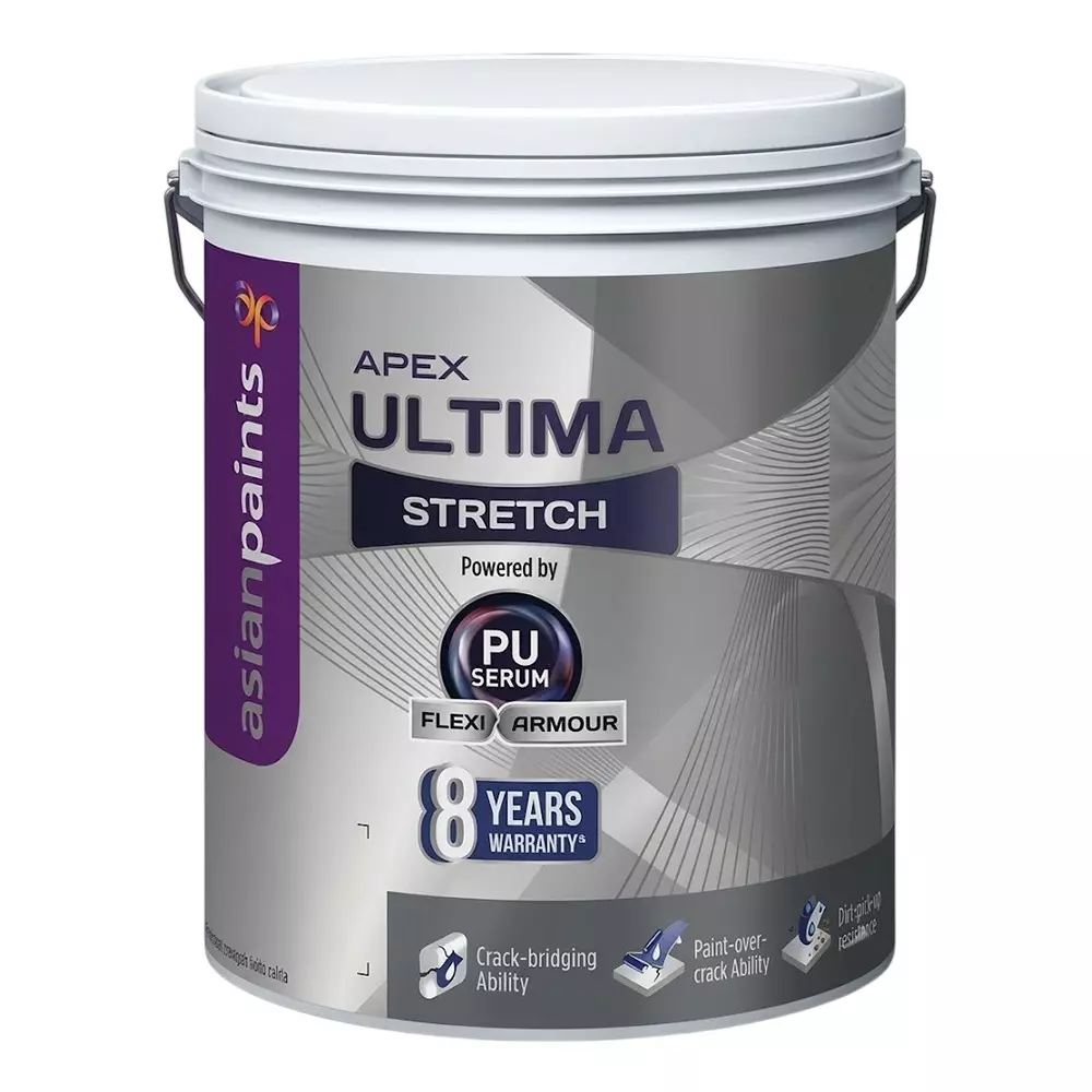Asian Paints Apex Ultima Stretch Premium Exterior Emulsion White Rich Sheen Finish 1 L Container Liquid Form for Exterior Walls Use
