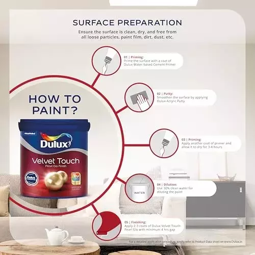 Dulux Velvet Touch Pearl Glo Interior Emulsion Paint White High Hiding RM 4 L