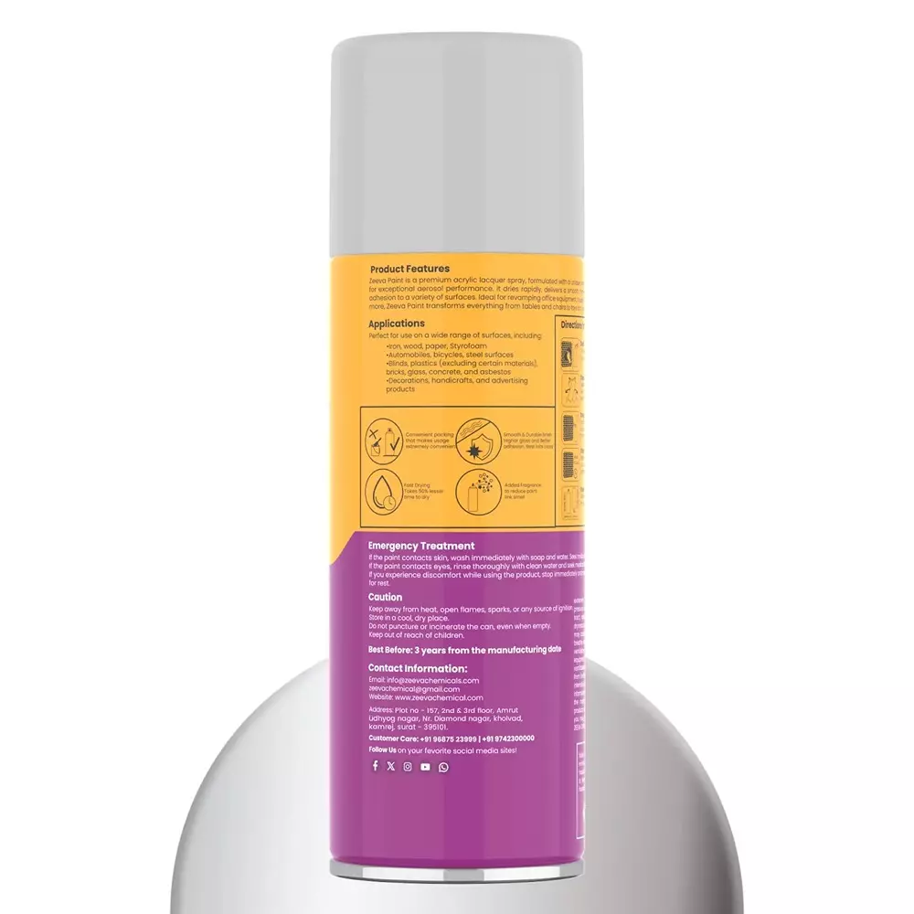 Zeeva Acrylic Spray Paint 400 ml Gloss Finish Fast Dry Silver Chrome, ZC 611