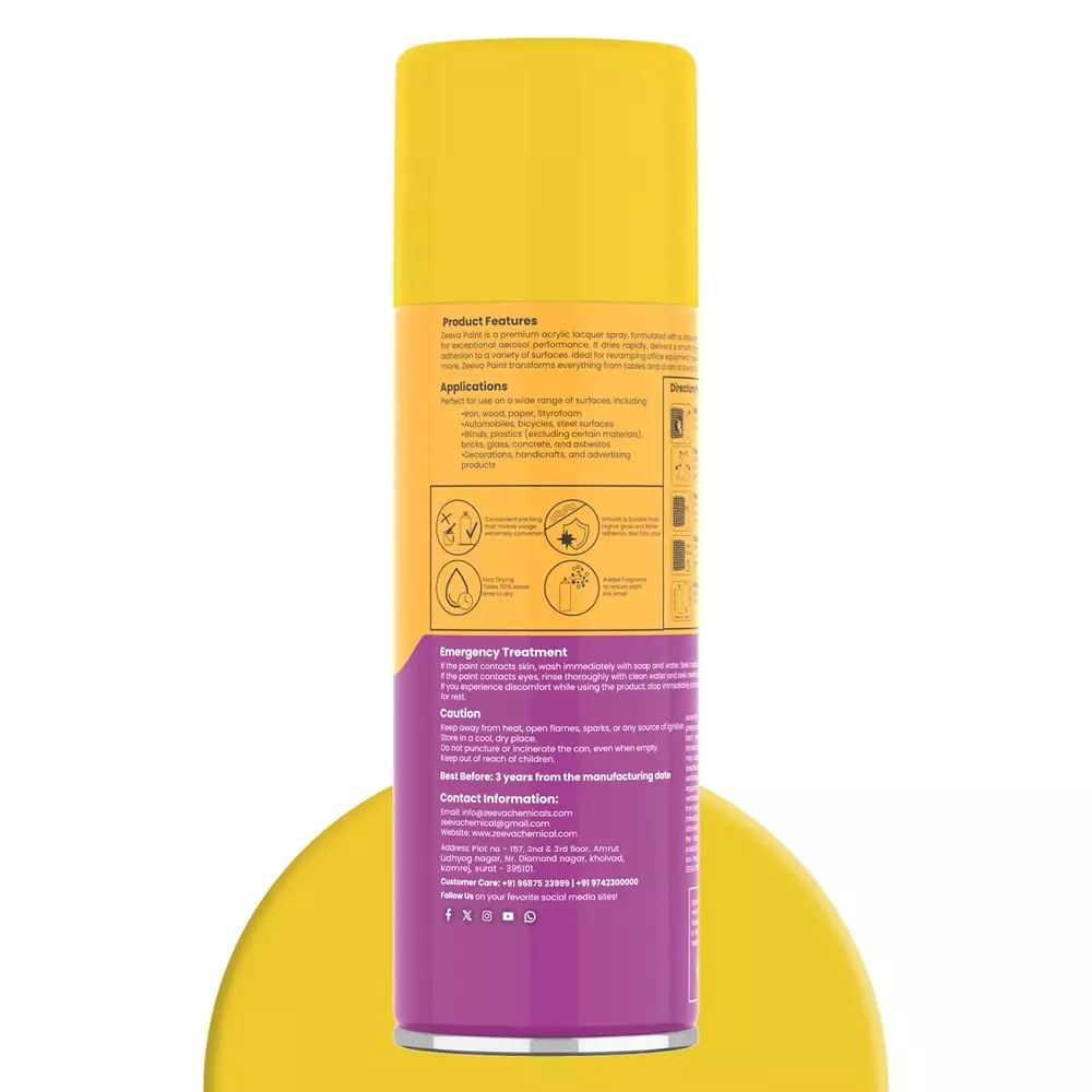 Zeeva Acrylic Spray Paint 400 ml Gloss Finish Fast Dry Lemon Yellow, ZC 1018