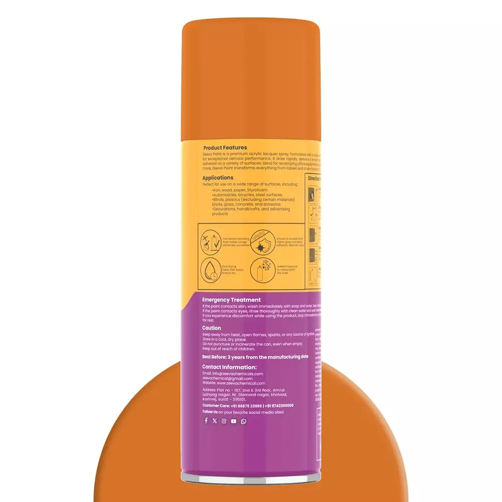 Zeeva Acrylic Spray Paint 400 ml Gloss Finish Fast Dry Light Orange, ZC 2000