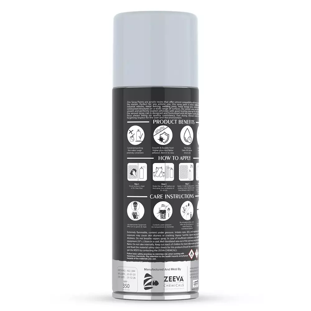 Zeeva Acrylic Spray Paint 400 ml Gloss Finish Fast Dry Zinc