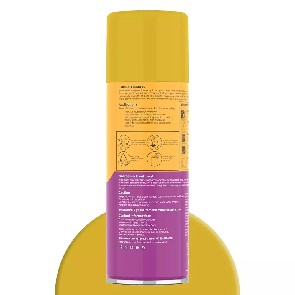 Zeeva Acrylic Spray Paint 400 ml Gloss Finish Fast Dry Dark Yellow, ZC 1012