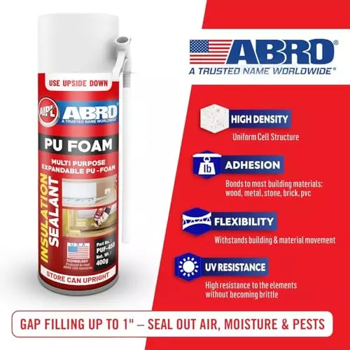 ABRO Sealant Spray Polyurethane Foam ‎White 400 g for Filling Gaps, Cracks, Doors, Windows, HVAC Systems & AC Ducts, PUF-450N-2 (Pack of 2)
