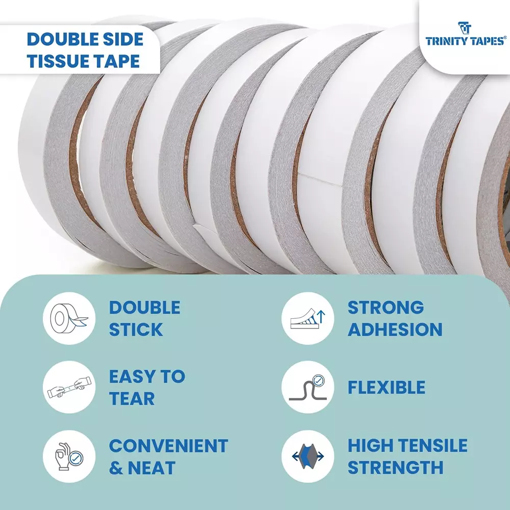 TRINITY Double Sided Tissue Tape 150 Micron 12 mm x 50 m White (Pack of 8)